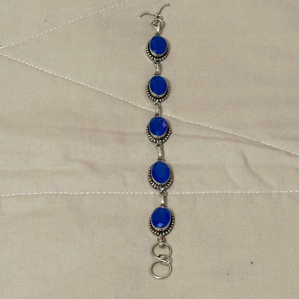 Beautiful 925 Sterling Silver Bracelet W/Genuine Lapis Lazuli Oval Stones Bezel